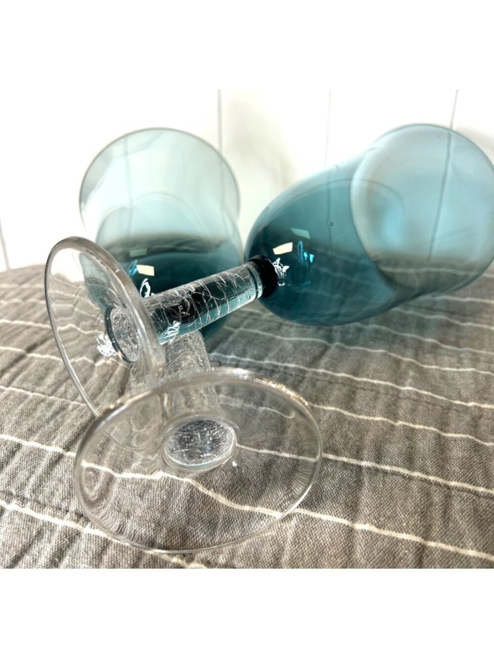 Vintage Gorham Blue Crystal Tea Water Goblets Glasses Crackle Stem Set Of Two 8" - Picture 5 of 8
